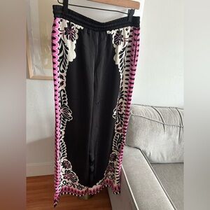 Black Pink Floral  Boho Hippie High Waist Wide Leg Beach Resortwear Palazzo P M